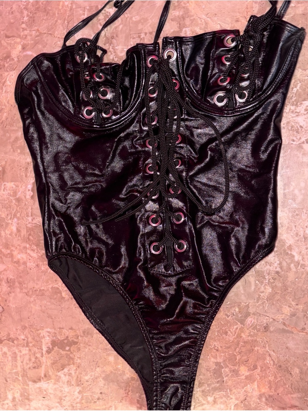 Black Lace-Up Latex Bodysuit